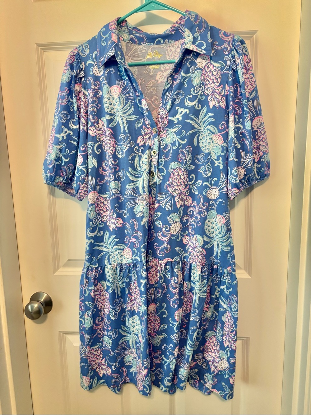 Lilly Pulitzer Bingley Dress Blue Citrus Crush Pineapple Puff Sleeve Size S EUC!